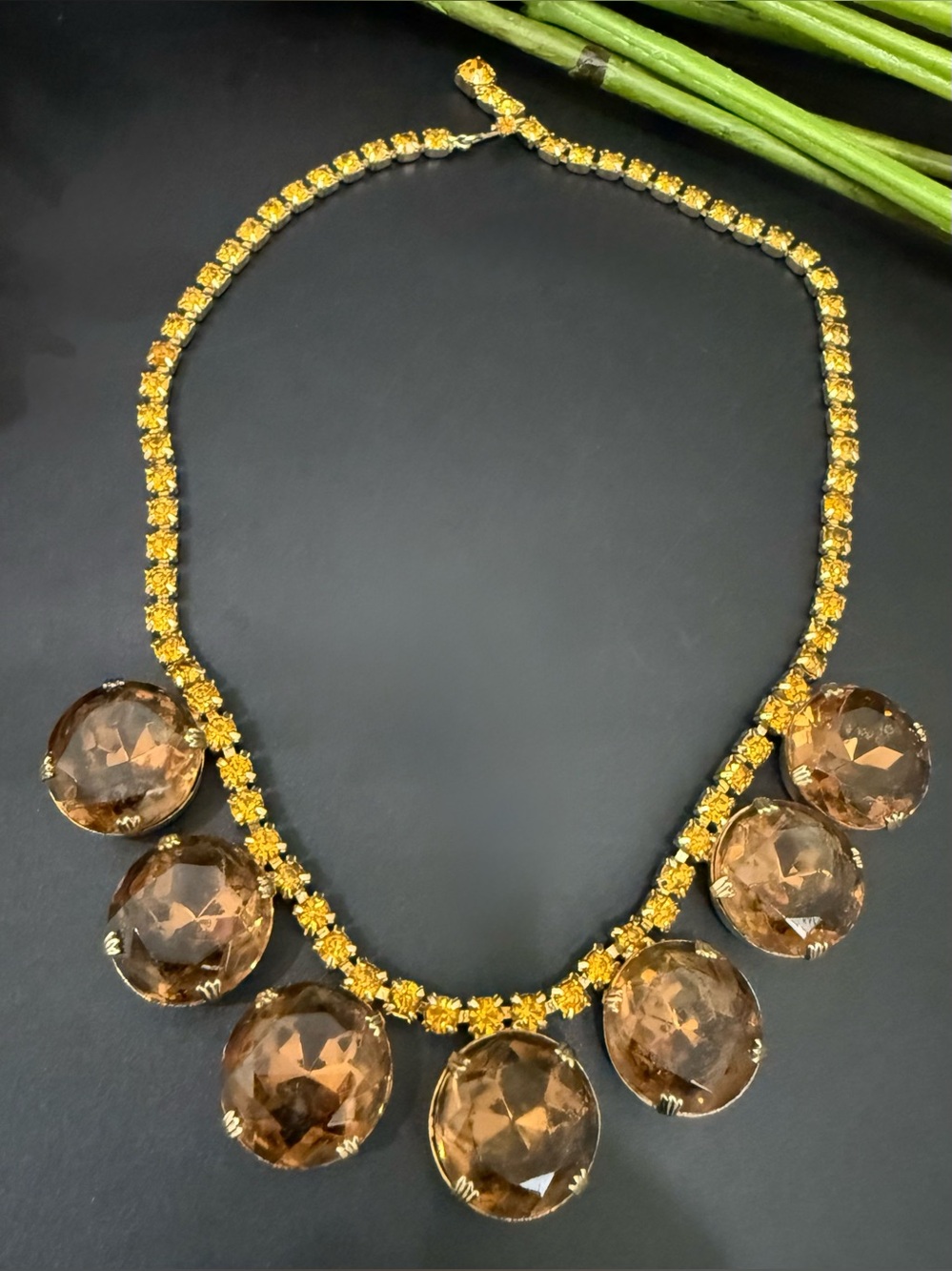 Rare Vintage Unsigned Orange Amber Color Large Round Rhinestone Chunky Necklace